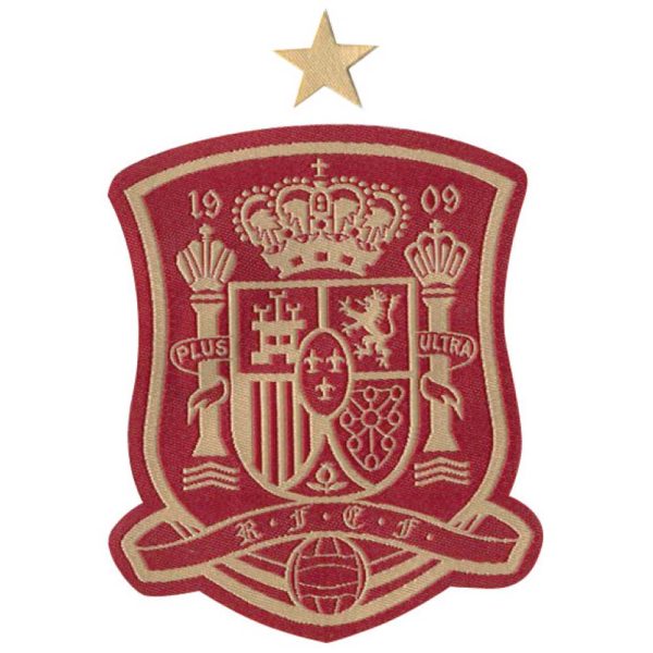 Parches Ropa Fútbol Deportes – Parche Tejido Ropa – España – (licencia oficial) – Selección Española – Escudo Bicolor Dorado – Sport – 6,5 x 9,4 cm. - Moda The Happy Patch