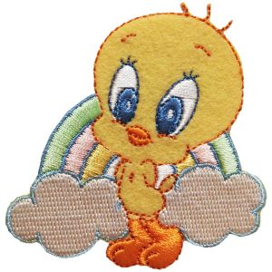 Parches Ropa Warner Bros – Parche Bordado Ropa – Animales – (licencia oficial) – Bebé – Baby Looney Tunes – Tweety & Rainbow – Canario Piolín & Arco Iris – Tiernos – 6,9 x 6,3 cm. – Moda The Happy Patch