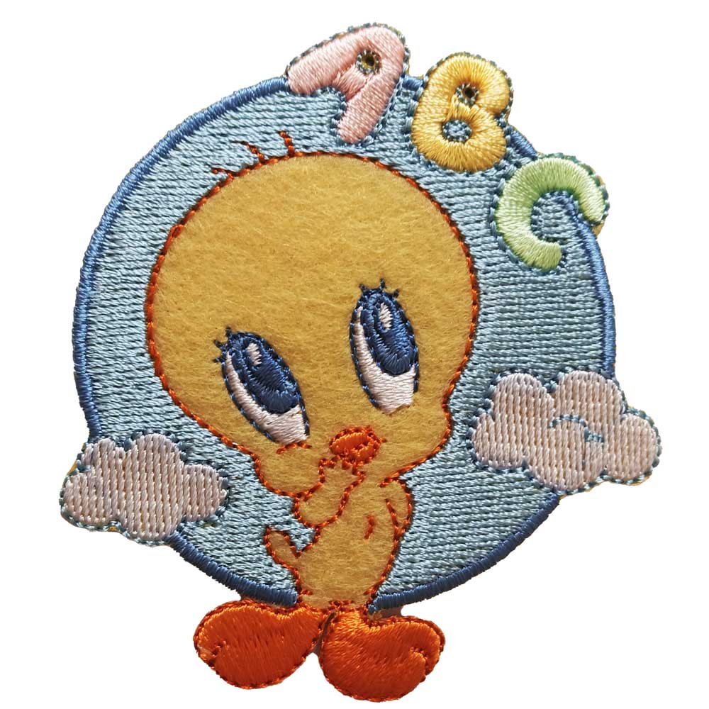 Parches Ropa Warner Bros – Parche Bordado Ropa – Animales – (licencia oficial) – Bebé – Baby Looney Tunes – Tweety – Canario Piolín & ABC – Tiernos – 6,5 x 7,6 cm. – Moda The Happy Patch