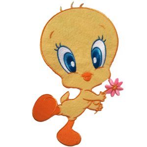 Parches Ropa Warner Bros – Parche Bordado Ropa – Animales – (licencia oficial) – Looney Tunes tamaño XL – Tweety con flor  – Canario Piolín – Tiernos – 13,0 x 20,3 cm. – Moda The Happy Patch